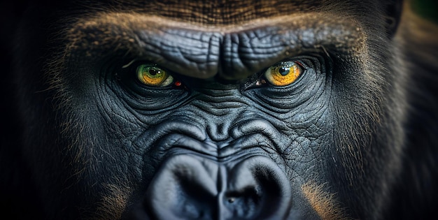 Photo a close up of a gorilla's face with yellow eyes