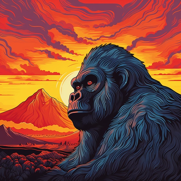 A close up of a gorilla sitting in the grass with a mountain in the background generative ai