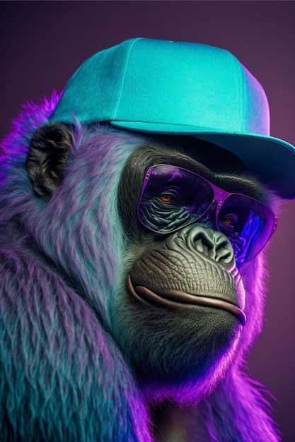 Close up of a gorilla wearing a hat and sunglasses