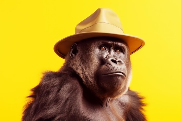 Close up of gorilla wearing hat and wearing suit and tie Generative AI