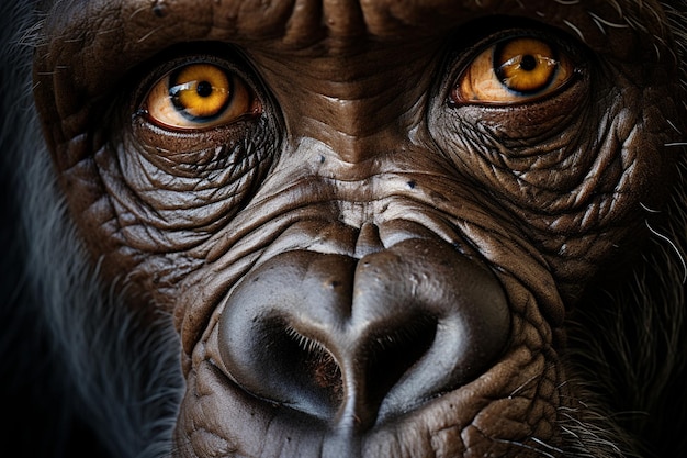 a close up of a gorillas face with orange eyes generative ai