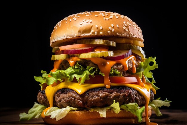 Foto close-up di un cheeseburger gourmet con condimenti artigianali