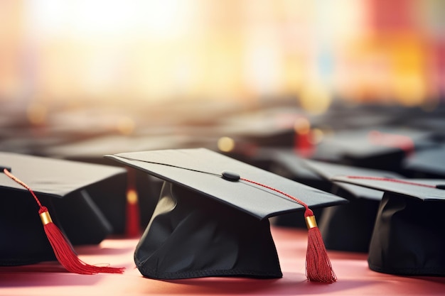 Photo close up graduation caps against blurred background of other graduate at university