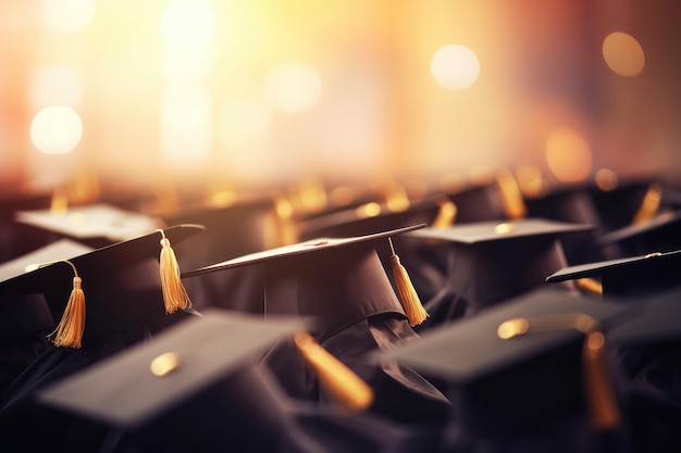 Close up graduation caps against blurred background of other graduate at university