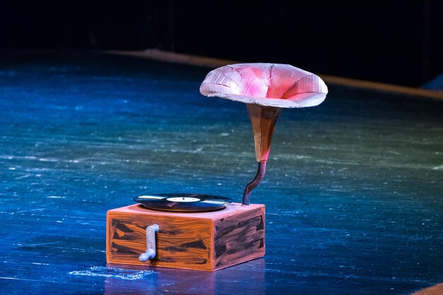 Close-up of gramophone on stage