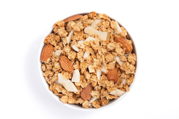 Close up Granola on white bowl isolated on white background.