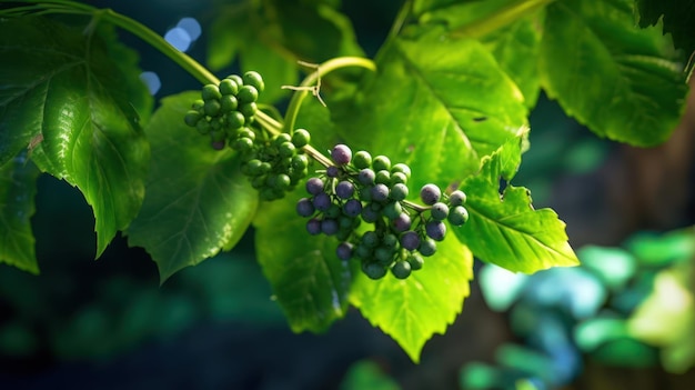 A close up of a grape plant with blue berries