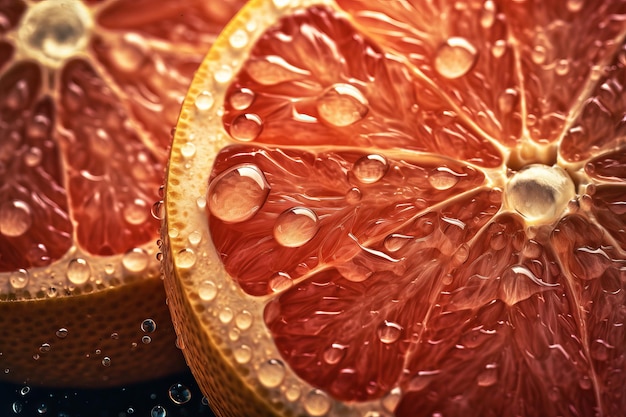 A close up of a grapefruit with water droplets on it