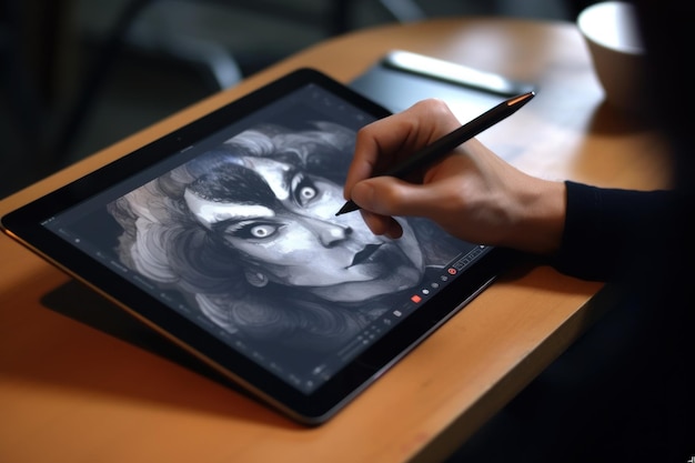 Крупный план рисунка руки графического дизайнера на цифровом планшете