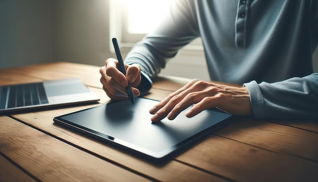 Close up of a graphic designers hands using a stylus on a digital tablet with a laptop and smartphone on the desk showcasing creative workflow