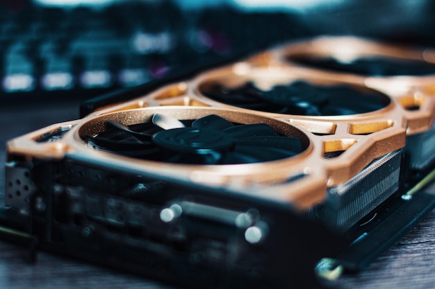 Photo close-up of graphics card on the table