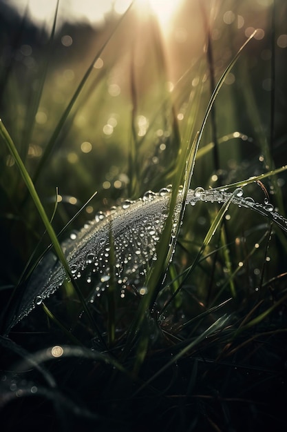 A close up of grass with dew drops on it and a blurry background of the grass and the sun shining through the drops of the grass on the grass is a sunny day light Generative AI