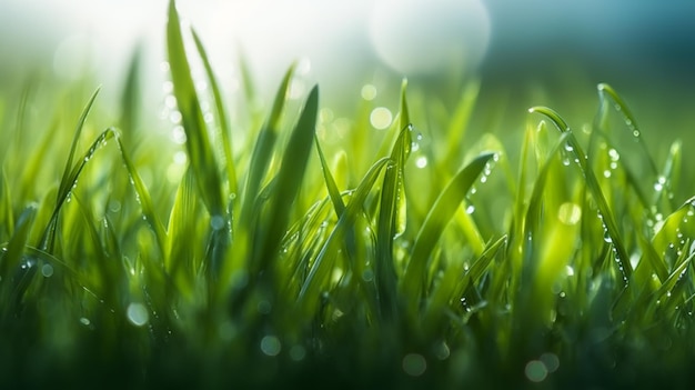 A close up of grass with dew on it