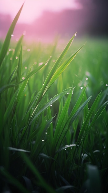 A close up of grass with dew on it