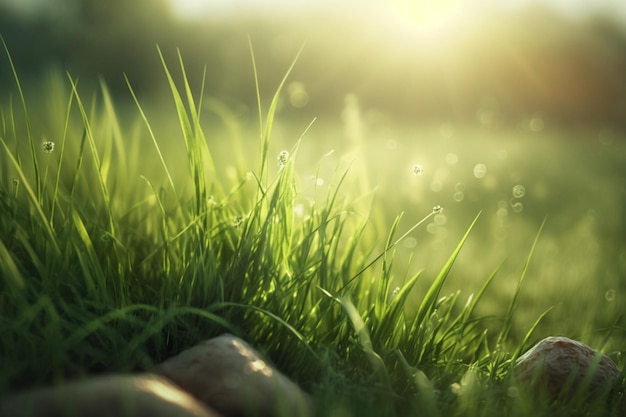 A close up of grass with a green background and the word spring on it