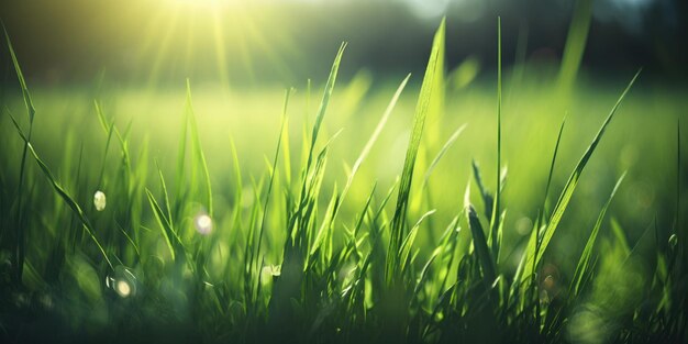 A close up of grass with the sun shining on it