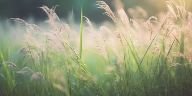 A close up of grass with the sun shining on it