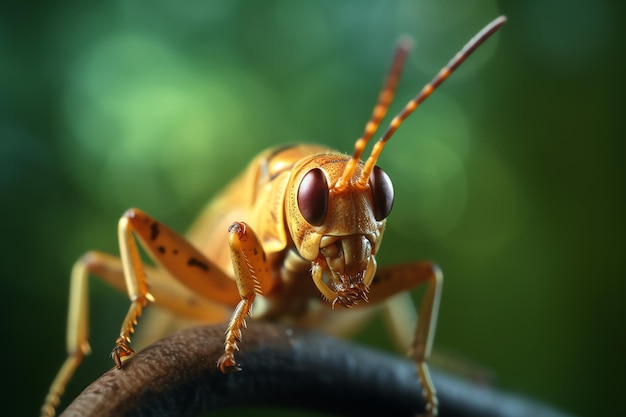 A close up of a grasshopper on a branch