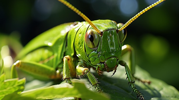 Photo close up grasshopper caelifera are eating pandanus leaves on green pandan leaf