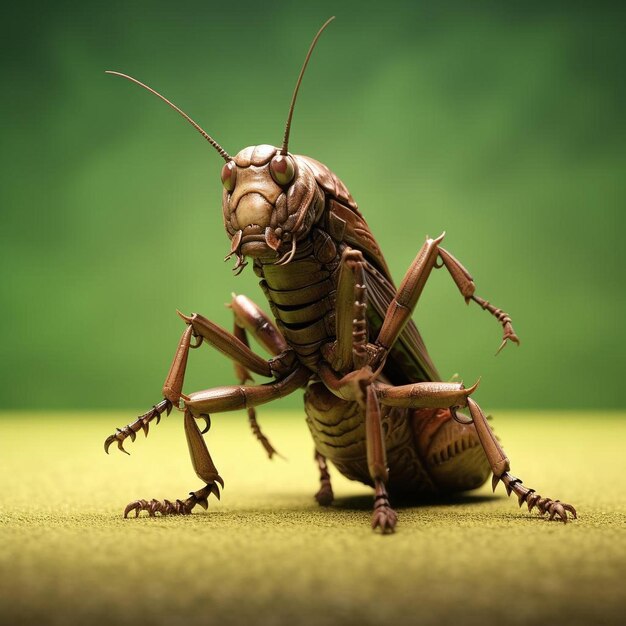 a close up of a grasshopper on a green background