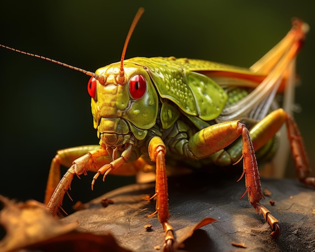 a close up of a grasshopper with red eyes