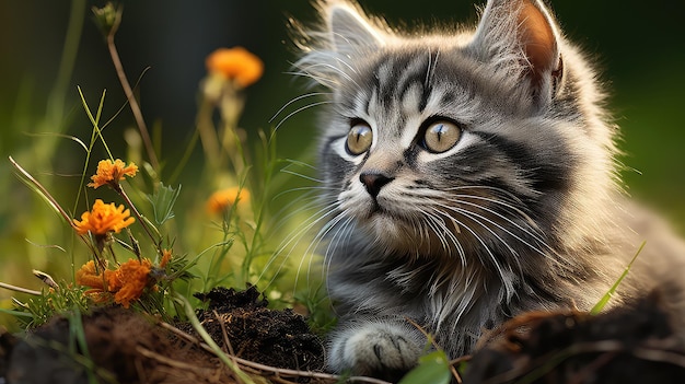 Close up of gray kitten on nature UHD Wallpaper