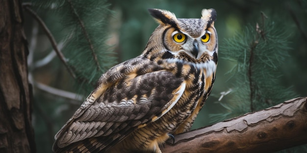 A close up of a great horned owl sitting on a branch