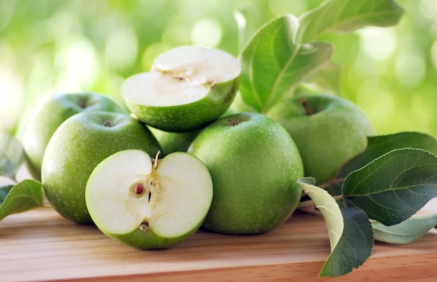 close-up of green apples on table