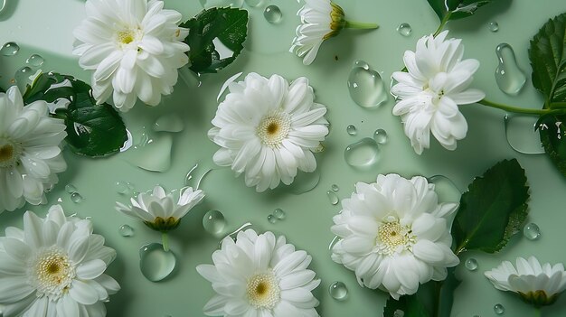 Photo close up on green background of white flowers mix of daisy chrysanthemum elder white generative ai