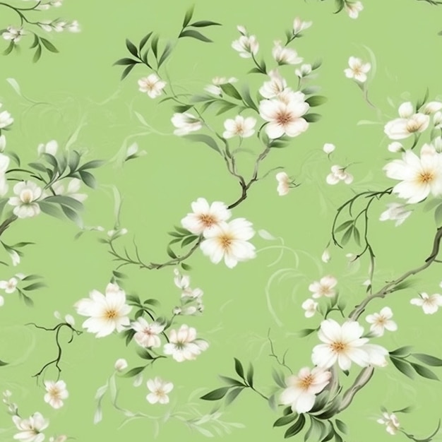 A close up of a green background with white flowers and leaves generative ai