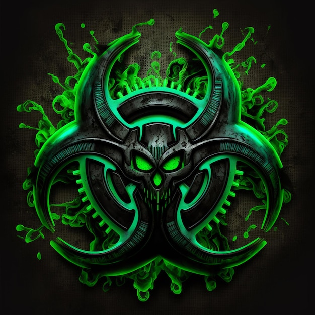 a close up of a green and black biohazard logo on a black background generative ai