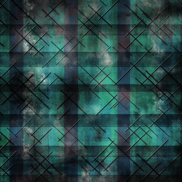 A close up of a green and black plaid pattern with a black background generative ai