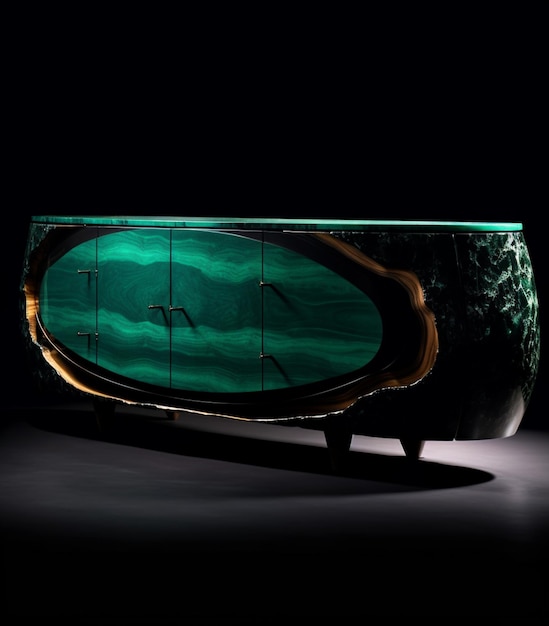 a close up of a green and black sideboard with a glass door generative ai