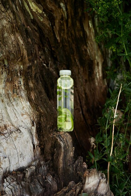 Photo close-up of green bottles on tree trunk