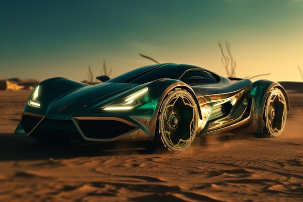 A close up of a green car driving on a desert road generative ai