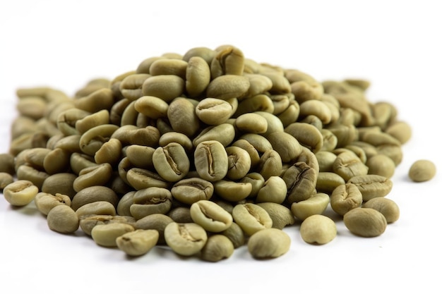 Close up of green coffee beans isolated on a white backdrop looking up Lay flat