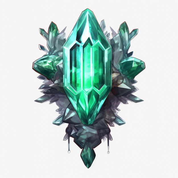 A close up of a green crystal with leaves on a white background generative ai