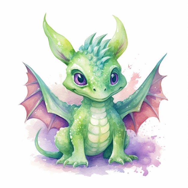 A close up of a green dragon with purple wings generative ai