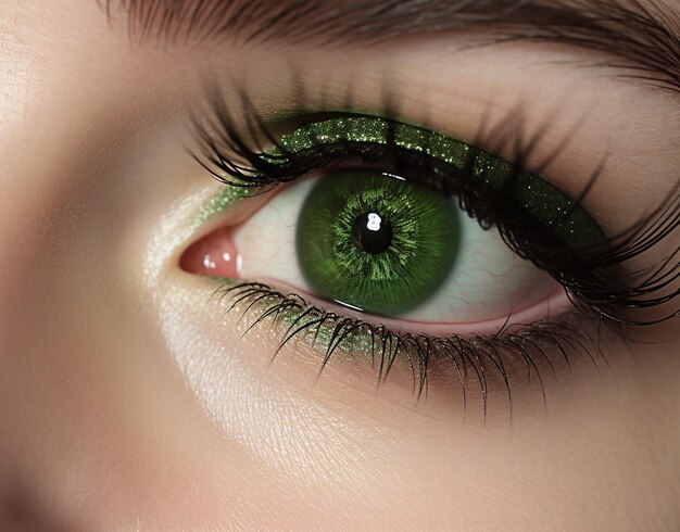 Photo close up on a green eye with glitter of a beautiful woman