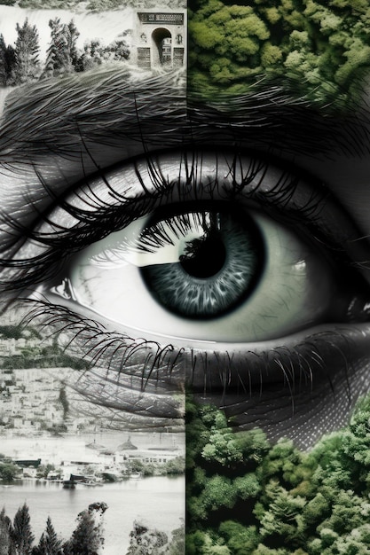 A close up of a green eye with a green landscape in the middle.