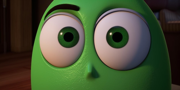 A close up of a green face with green eyes and a white nose.