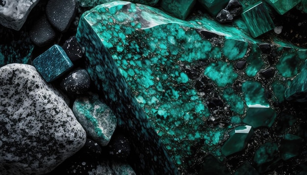 A close up of a green gemstone with black and white rocks in the background