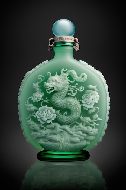 Close up of green glass bottle with dragon on it generative ai