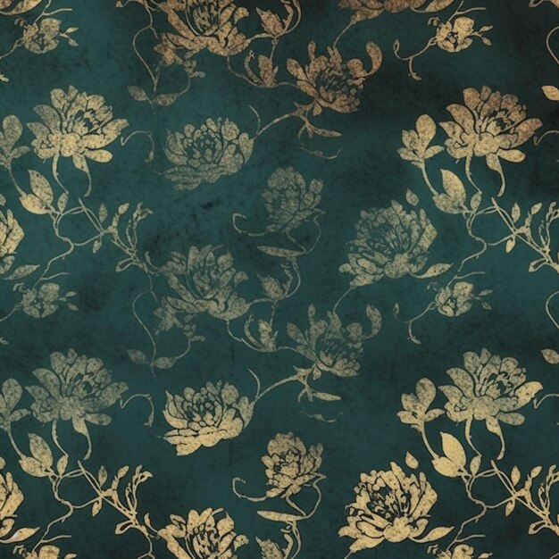 A close up of a green and gold floral pattern on a wall generative ai