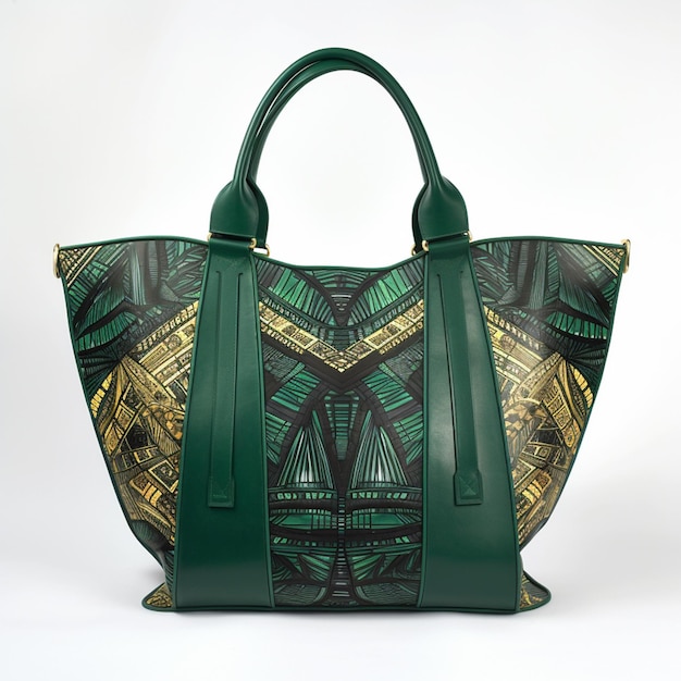 A close up of a green and gold handbag with a black and gold design generative ai