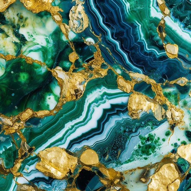 a close up of a green and gold marble with a black background generative ai