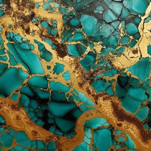 A close up of a green and gold marble with a black background generative ai