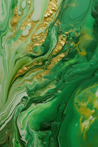 A close up of a green and gold marbled surface with a gold leaf generative ai