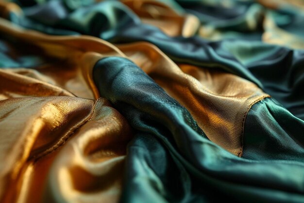 A close up of a green and gold silk