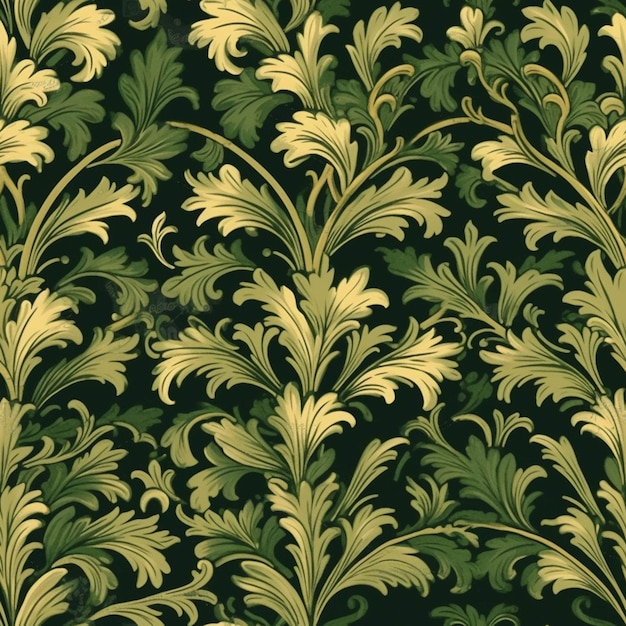 Photo a close up of a green and gold wallpaper with leaves generative ai